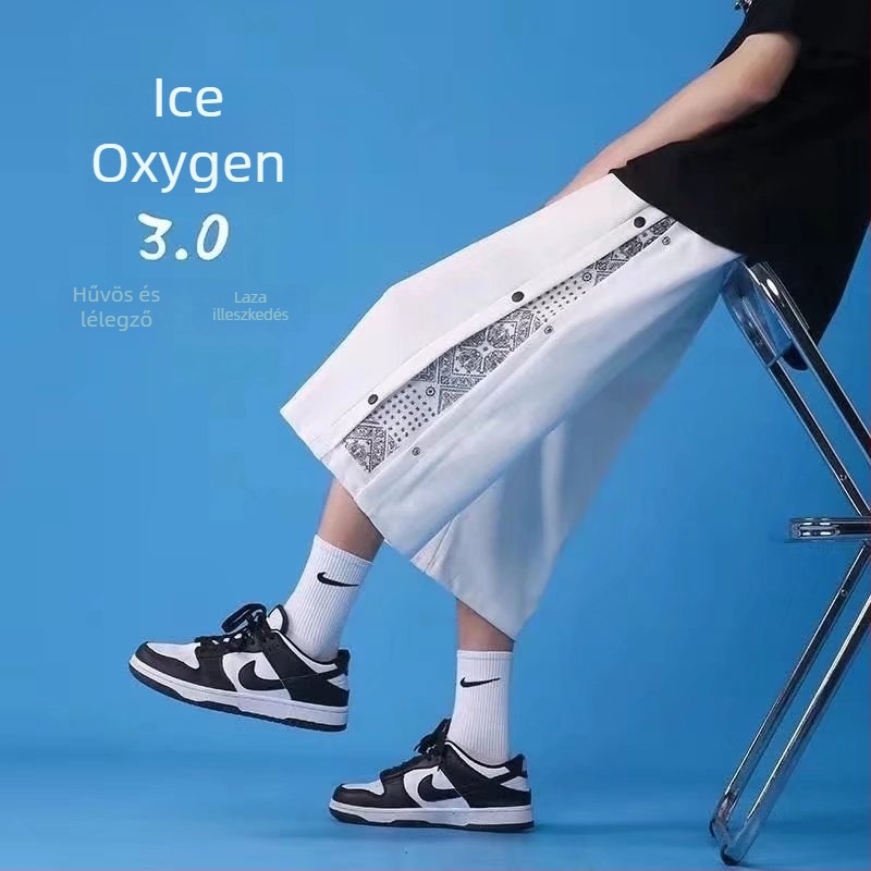Férfi gombos nadrág, nyár 2022, egyenes szabású cropped, koreai stílusú sportnadrág, trendi