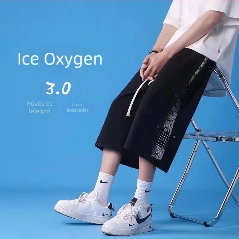 Férfi gombos nadrág, nyár 2022, egyenes szabású cropped, koreai stílusú sportnadrág, trendi