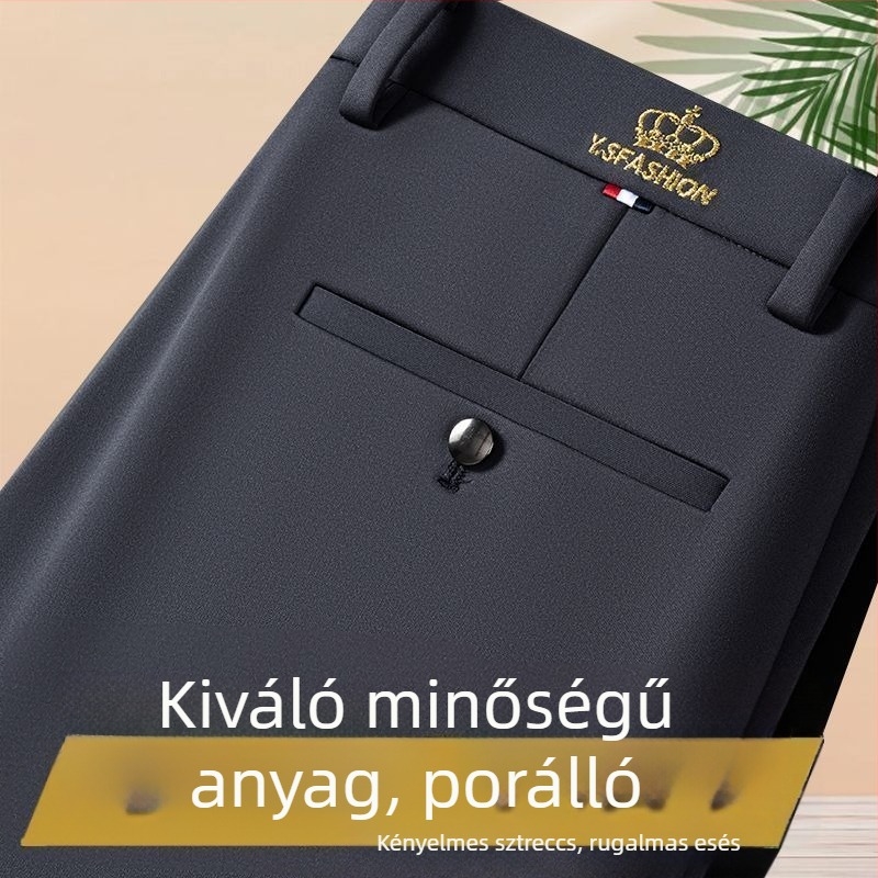 Férfi nadrág tavasz–őszre, rugalmas anyag, egyenes szabás, magas derék, üzleti-casual nadrág