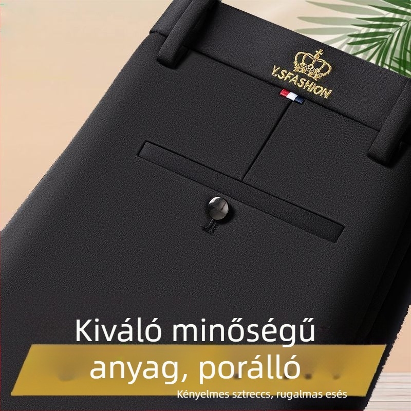 Férfi nadrág tavasz–őszre, rugalmas anyag, egyenes szabás, magas derék, üzleti-casual nadrág