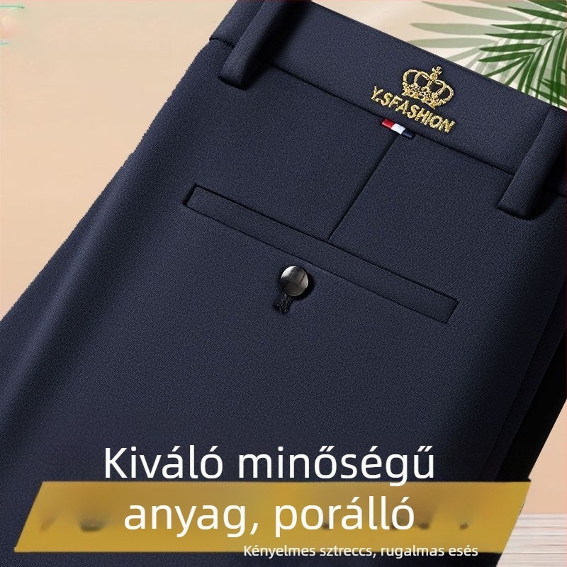 Férfi nadrág tavasz–őszre, rugalmas anyag, egyenes szabás, magas derék, üzleti-casual nadrág
