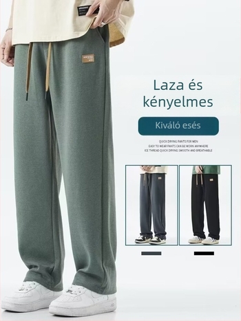 Férfi japán retro stílusú laza nadrág, egyenes, széles szárú