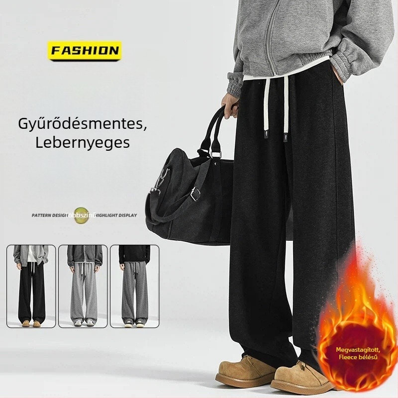 Férfiaknak szóló acetát gyapjú casual nadrág, téli vastag bélés, drapírozott, laza szabás, széles szárú, hosszú