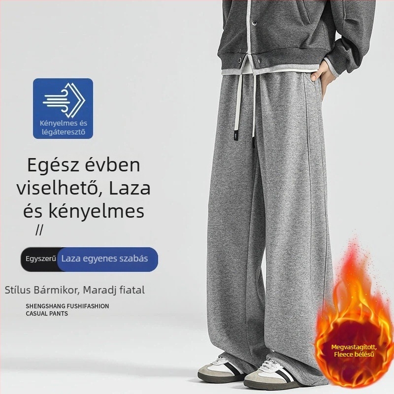 Férfiaknak szóló acetát gyapjú casual nadrág, téli vastag bélés, drapírozott, laza szabás, széles szárú, hosszú