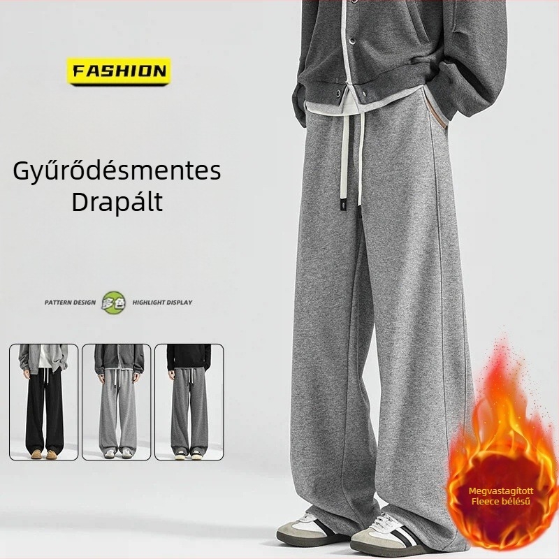 Férfiaknak szóló acetát gyapjú casual nadrág, téli vastag bélés, drapírozott, laza szabás, széles szárú, hosszú