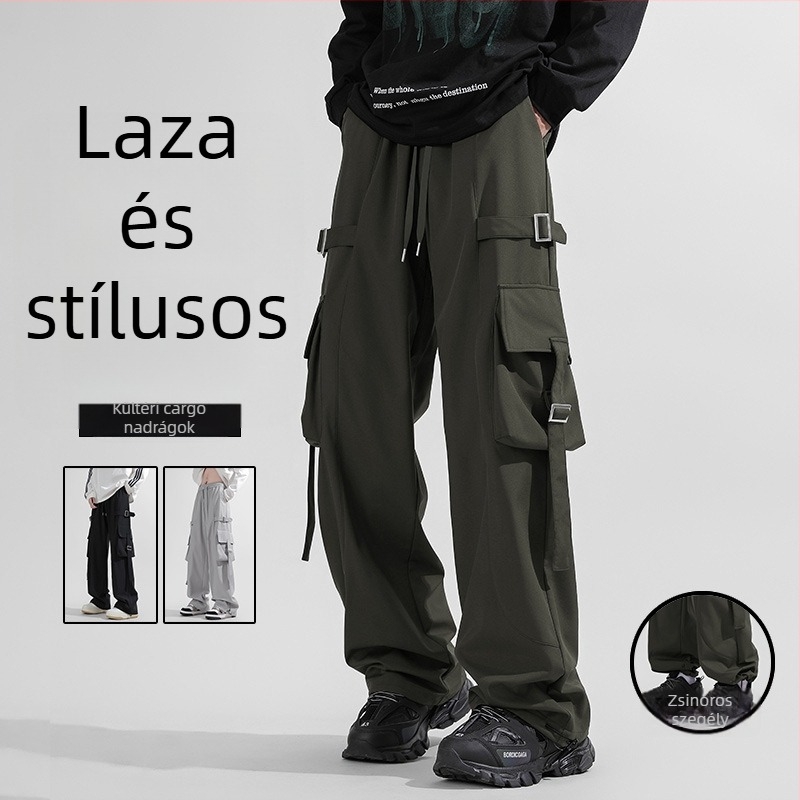 Férfiaknak tervezett, amerikai streetwear-stílusú munkanadrág, laza szabású, egyenes és széles szárú, drapált hatású, tavasz–őszre.