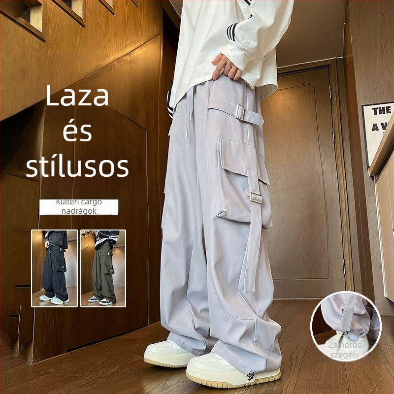 Férfiaknak tervezett, amerikai streetwear-stílusú munkanadrág, laza szabású, egyenes és széles szárú, drapált hatású, tavasz–őszre.