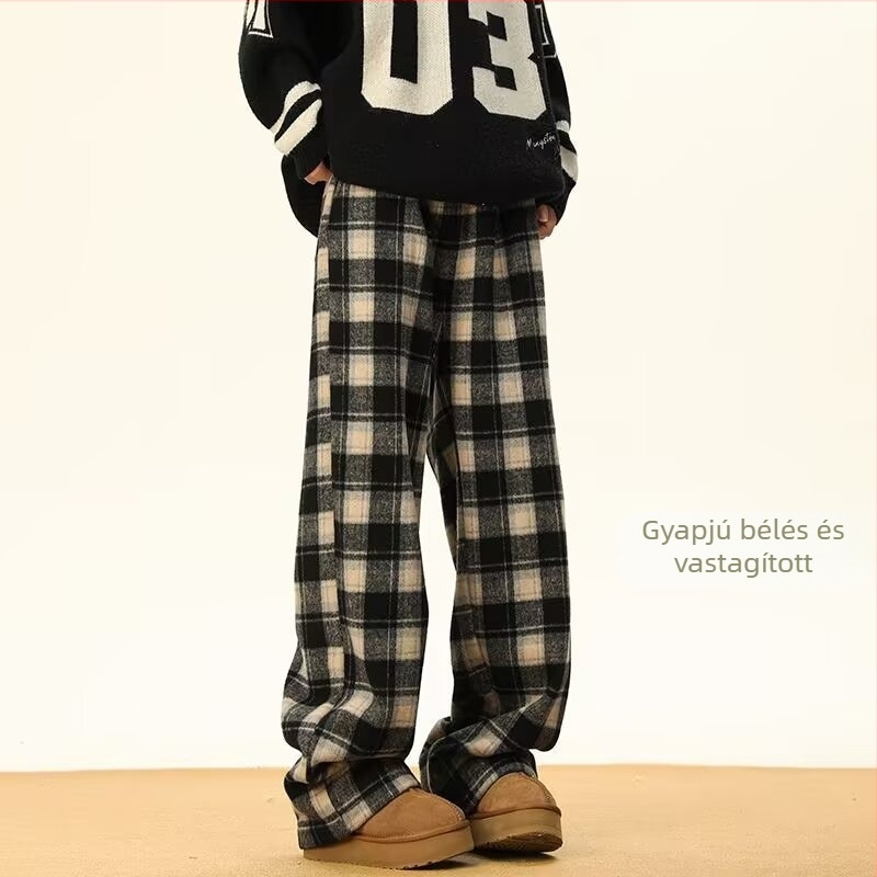 Férfiaknak szóló kockás gyapjú casual nadrág, téli fleece béléssel, széles lábszárú, egyenes fazon