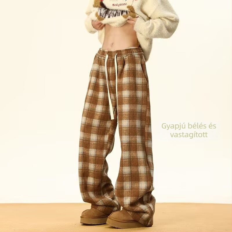Férfiaknak szóló kockás gyapjú casual nadrág, téli fleece béléssel, széles lábszárú, egyenes fazon