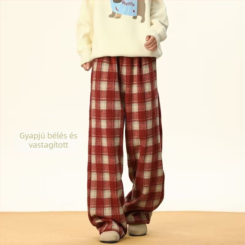 Férfiaknak szóló kockás gyapjú casual nadrág, téli fleece béléssel, széles lábszárú, egyenes fazon