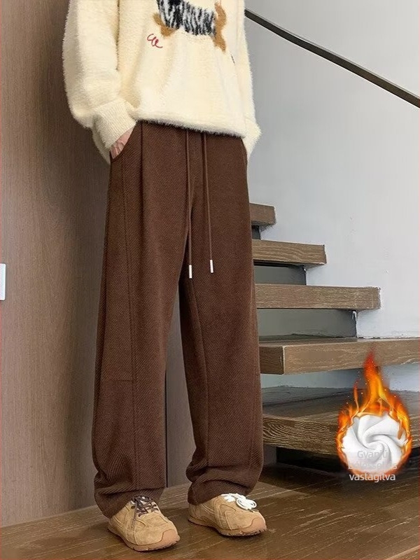 Férfi téli fleece-betétes nadrág, kávébarna színben, széles lábú, egyenes szárú, hétköznapi sportnadrág