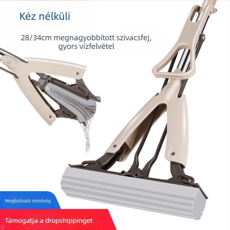 Meijie gumipamuts mop rozsdamentes acélrúddal, nedvesség-abszorber fejű szivacs, kézzel mosható, félbehajtással összenyomható, teleszkópos fogantyú 94–123 cm, fej 28 cm, 5 éves élettartam, 80–90% kiszáradás