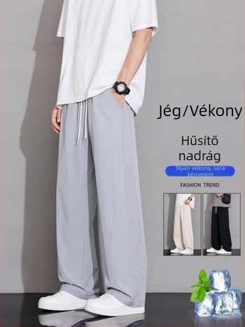2025 új férfi laza casual nadrág, koreai stílus, széles szárú, földig érő, vékony nyári anyag