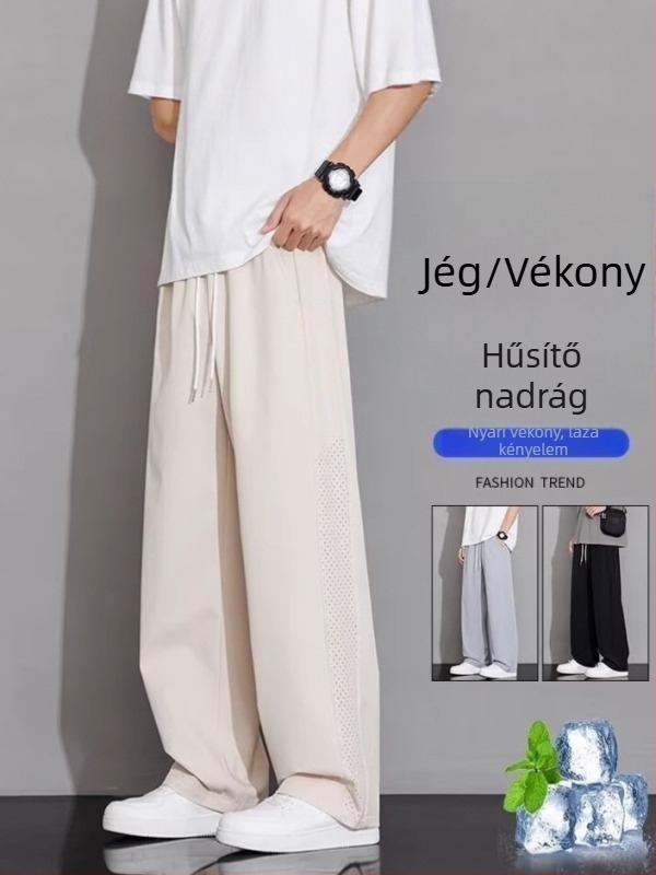 2025 új férfi laza casual nadrág, koreai stílus, széles szárú, földig érő, vékony nyári anyag