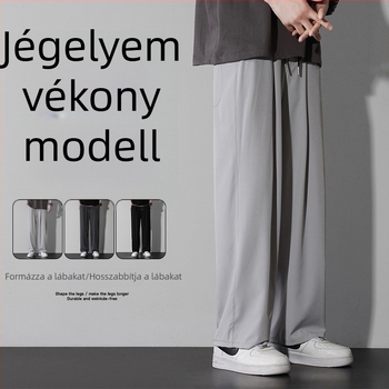 Férfi nyári nadrágok, széles és egyenes szabású, hongkongi stílus, Ice Silk drapált textúra, casual/workwear