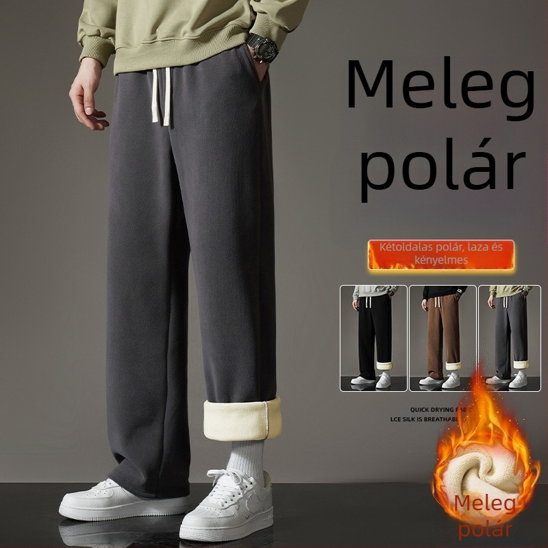 Férfi téli fleece béléses egyenes szabású sportnadrág övvel, díszítő applikációkkal, hétköznapi sportos stílus, 100% poliester