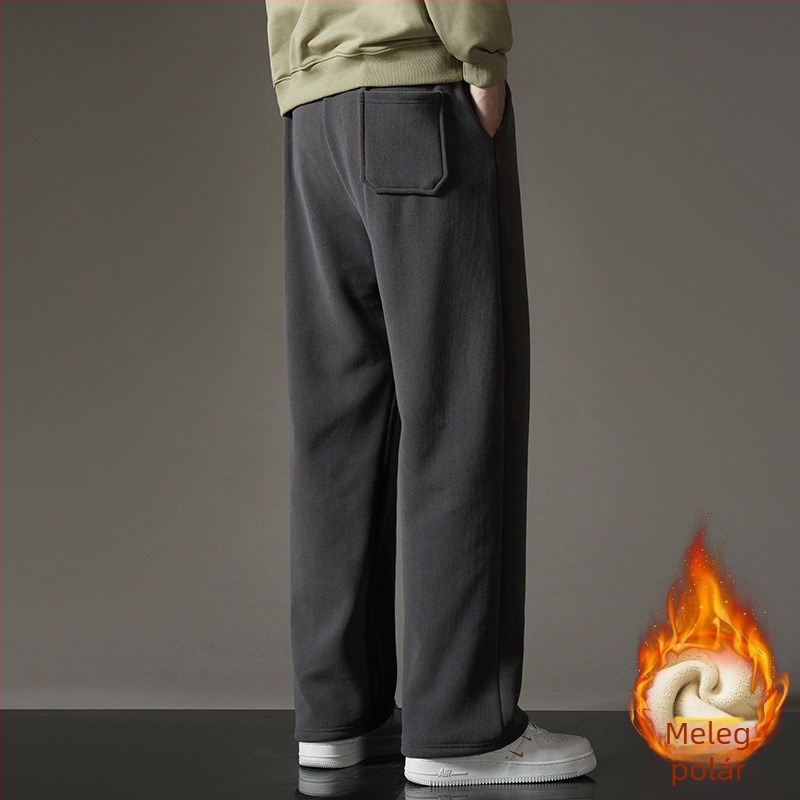 Férfi téli fleece béléses egyenes szabású sportnadrág övvel, díszítő applikációkkal, hétköznapi sportos stílus, 100% poliester