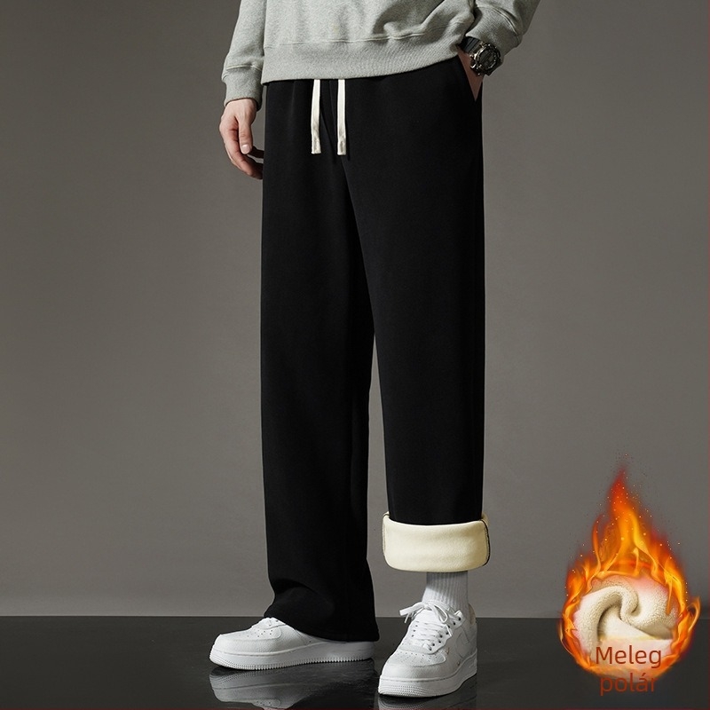 Férfi téli fleece béléses egyenes szabású sportnadrág övvel, díszítő applikációkkal, hétköznapi sportos stílus, 100% poliester