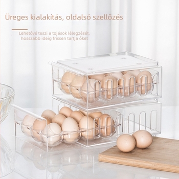 Átlátszó fiókos tojás tároló doboz, megerősített rekeszekkel, halmozható hűtőtojás-tartó tálca