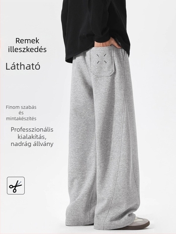 Férfiaknak Navy kék, mindennapi casual nadrág, laza szabású, egyenes szárú, hosszú, kötős zárás