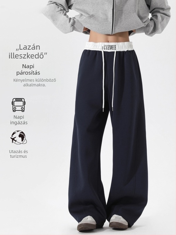 Férfiaknak Navy kék, mindennapi casual nadrág, laza szabású, egyenes szárú, hosszú, kötős zárás