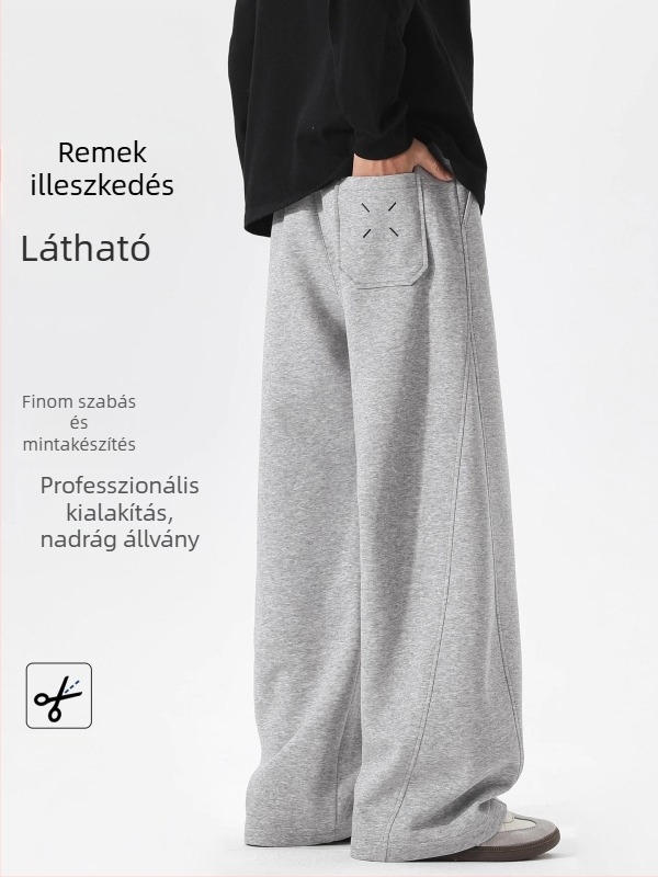 Férfiaknak Navy kék, mindennapi casual nadrág, laza szabású, egyenes szárú, hosszú, kötős zárás