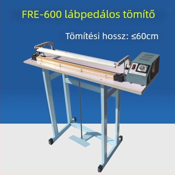 Félautomata lábpedálos zárógép átfolyós típusú, csomagoló fólia zárására és vágására