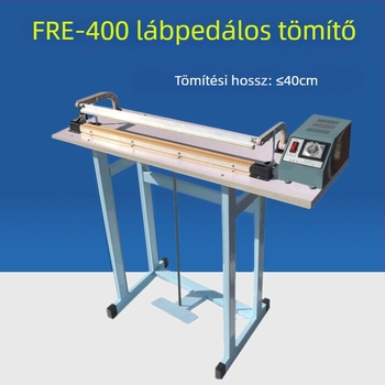 Félautomata lábpedálos zárógép átfolyós típusú, csomagoló fólia zárására és vágására