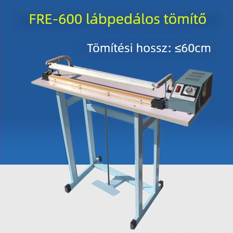 Félautomata lábpedálos zárógép átfolyós típusú, csomagoló fólia zárására és vágására