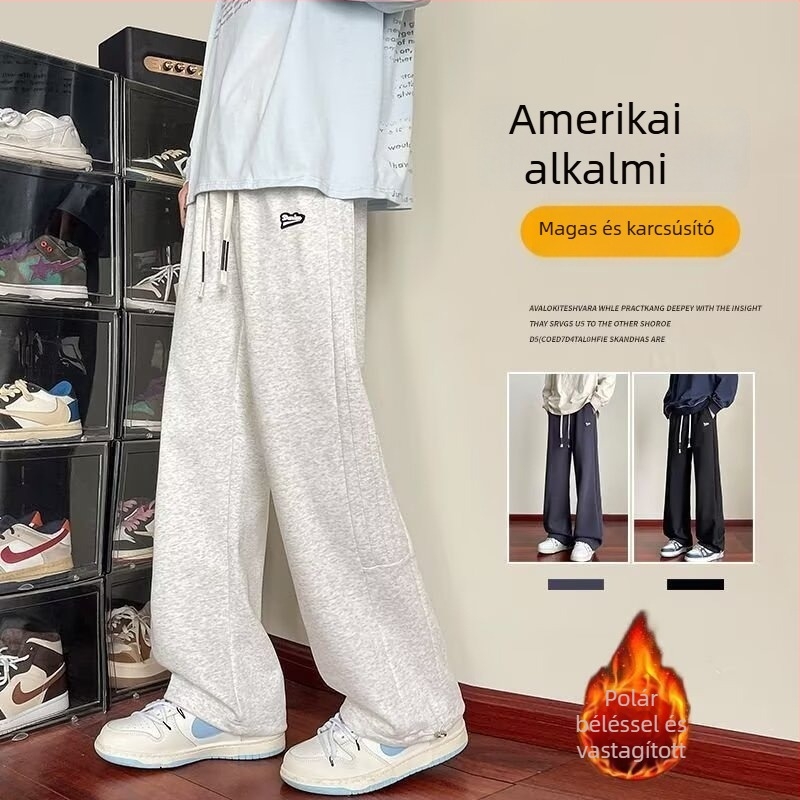 Férfi fekete sportnadrág fleece béléssel, laza szabású egyenes szárú, casual viselet, 2025 tavasz–ősz