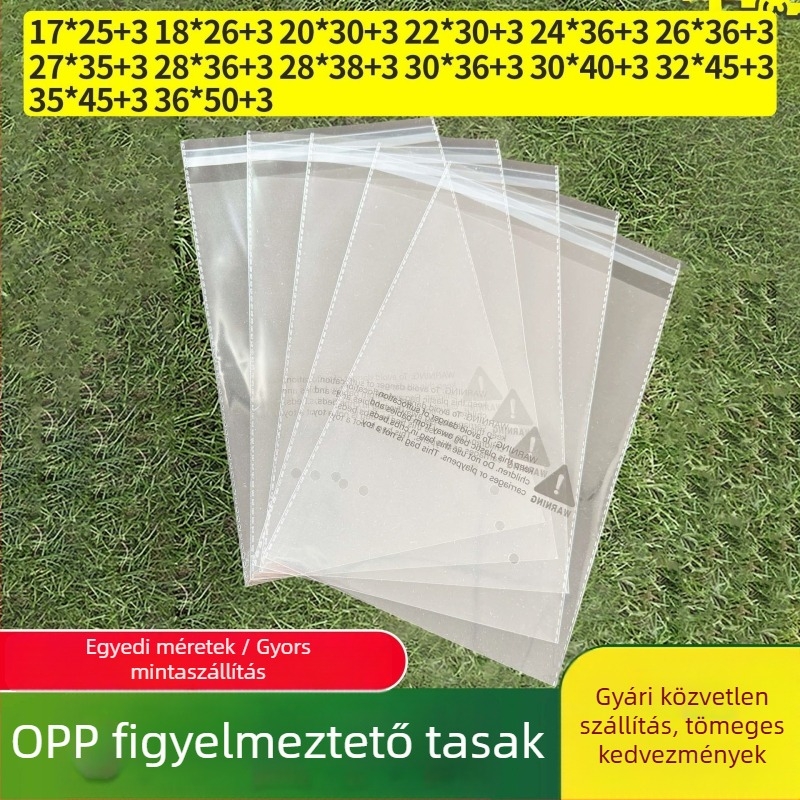 OPP átlátszó figyelmeztető tasak ruházathoz – több méret, ruhákhoz, nadrágokhoz és kiegészítőkhöz – porálló, öntapadós