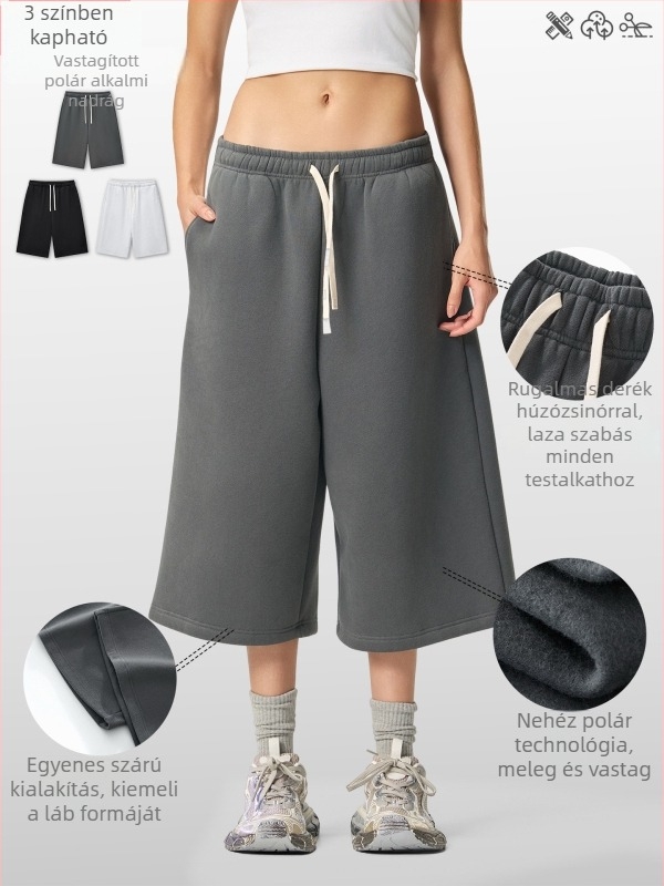 Férfiaknak lazán szabott cropped szélesszárú melegítőnadrág fleece béléssel, egyszínű, téli