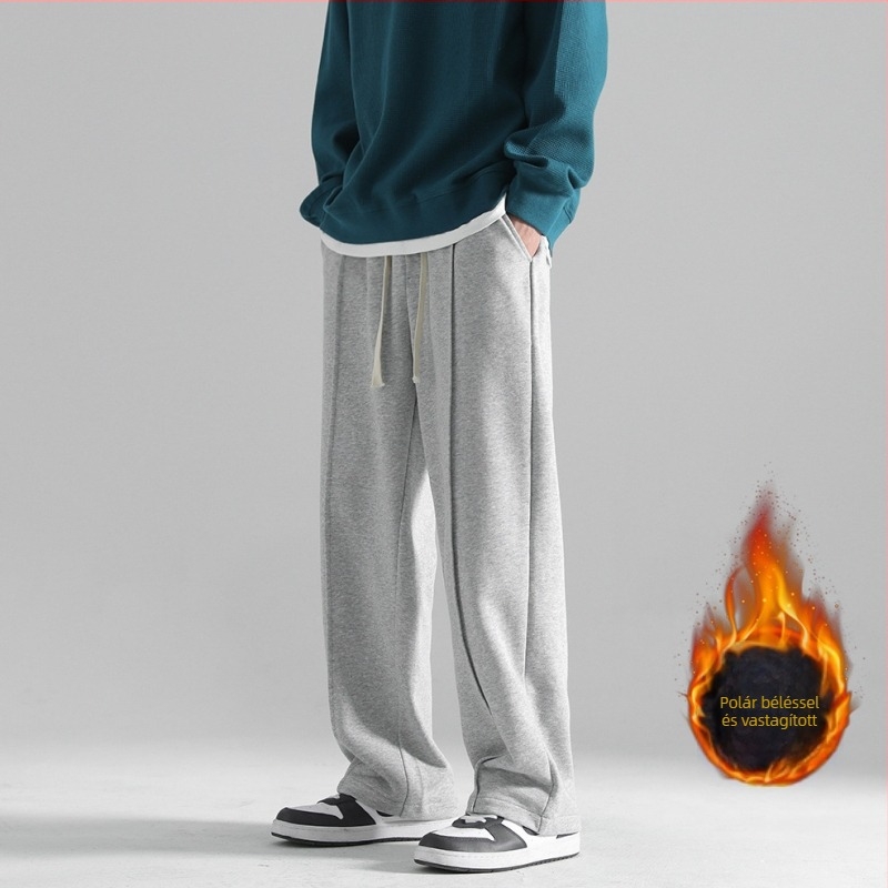 Szürke férfi sportnadrág fleece-béléssel, téli, középmagas derekú, lazán szabott egyenes szárú