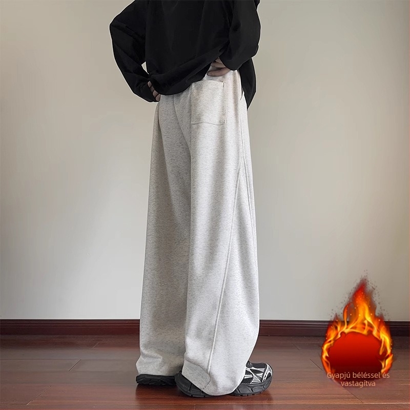 Férfi téli fleece-béléssel bélelt laza sportnadrág, széles szabású, 100% poliészter
