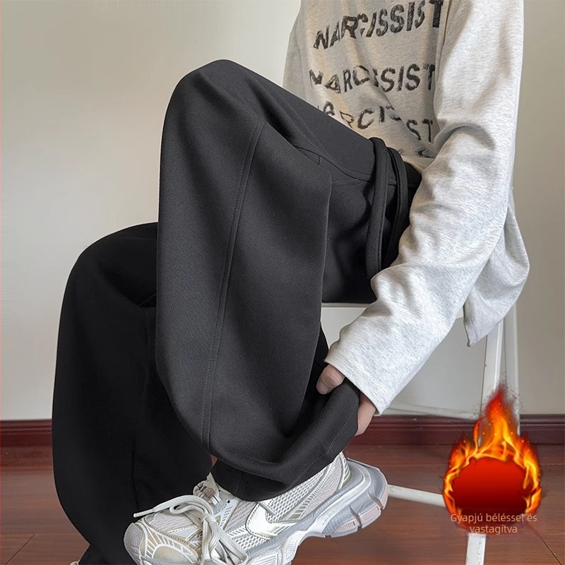 Férfi téli fleece-béléssel bélelt laza sportnadrág, széles szabású, 100% poliészter