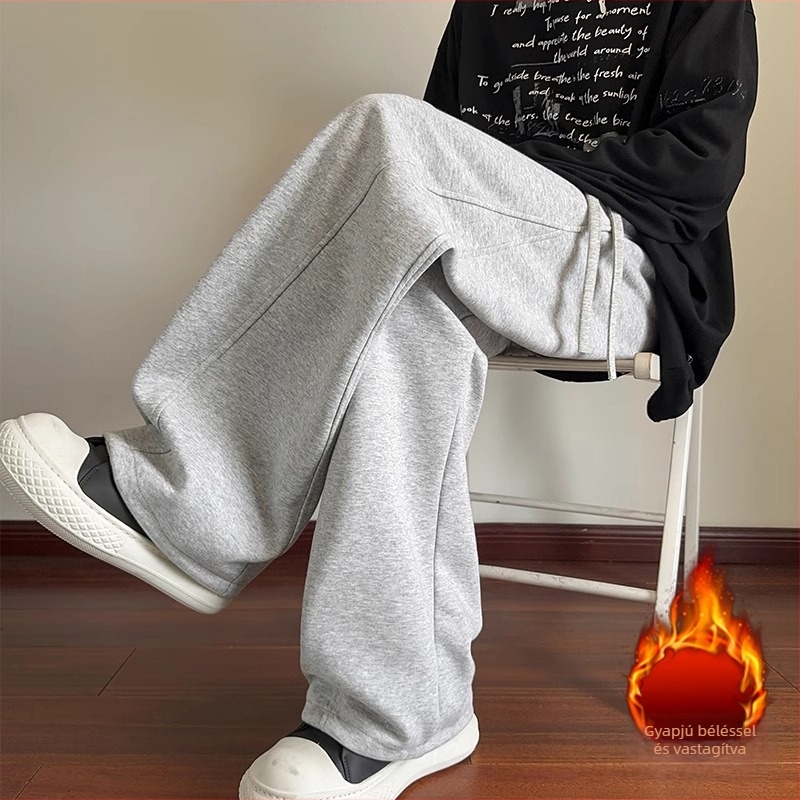 Férfi téli fleece-béléssel bélelt laza sportnadrág, széles szabású, 100% poliészter