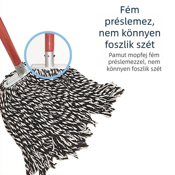 Régi stílusú pamutfonalú mop fa nyéllel, kézzel csavarható, kör fejű, nedvszívó, otthoni és iskolai padlókhoz.