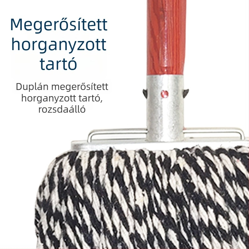 Régi stílusú pamutfonalú mop fa nyéllel, kézzel csavarható, kör fejű, nedvszívó, otthoni és iskolai padlókhoz.