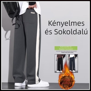 Fleece-béléssel ellátott férfi szabadidőnadrág ősz–télre, laza szabású, egyenes fazon, széles szárú, waffle mintázatú, rendkívül vastag
