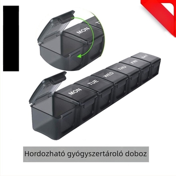 7 napos hordozható tablettás doboz, hét rekesz, fedél, PP műanyagból.