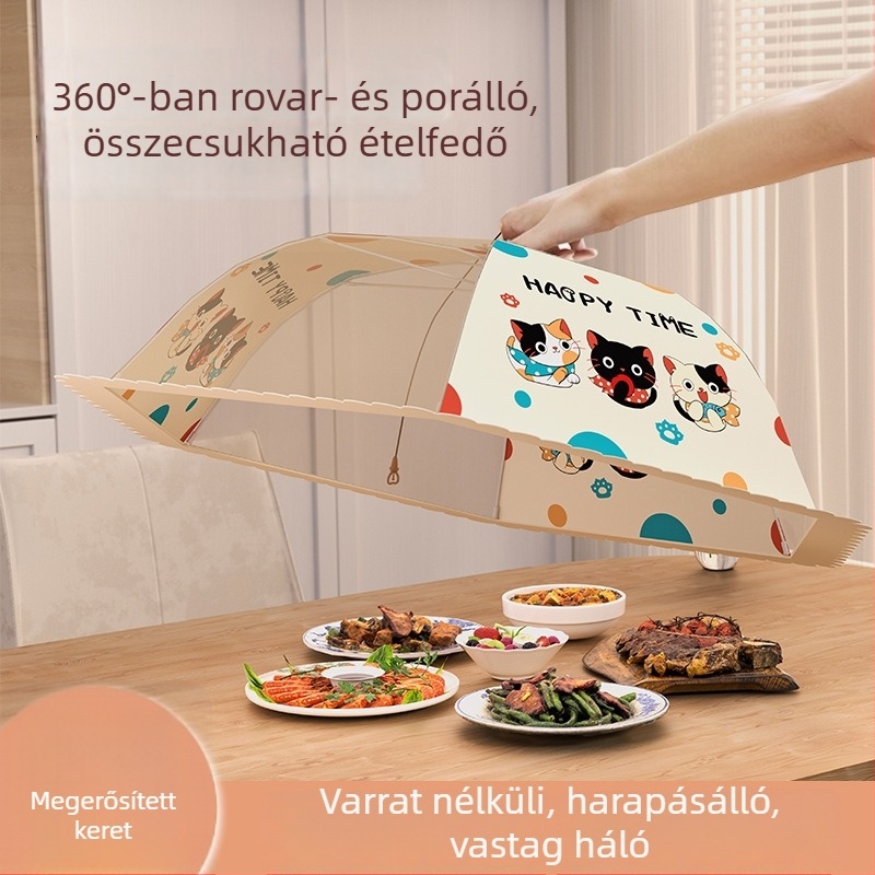 Kerek, nagy, összecsukható ételtakaró az étkezőasztalhoz, szúnyog- és légy elleni védelem
