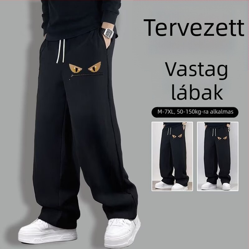 Fekete férfi nadrág ősz-télre fleece bélésessel, laza szabású, egyenes szárú, mindennapi sportnadrág
