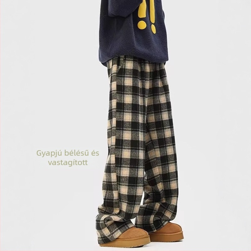 Férfi prémium vastag gyapjú kockás nadrág, széles szárú, téli fleece-betétes, egyenes szabású, mindennapi nadrág