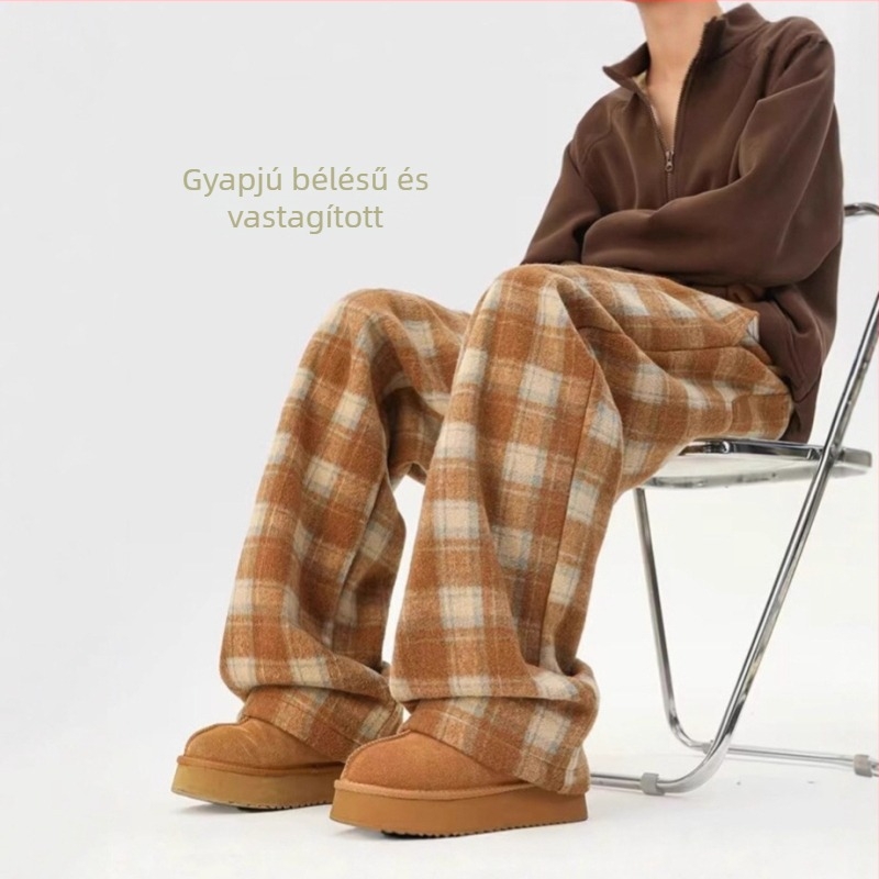 Férfi prémium vastag gyapjú kockás nadrág, széles szárú, téli fleece-betétes, egyenes szabású, mindennapi nadrág