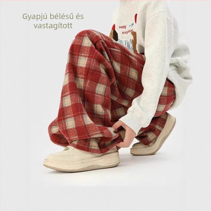 Férfi prémium vastag gyapjú kockás nadrág, széles szárú, téli fleece-betétes, egyenes szabású, mindennapi nadrág