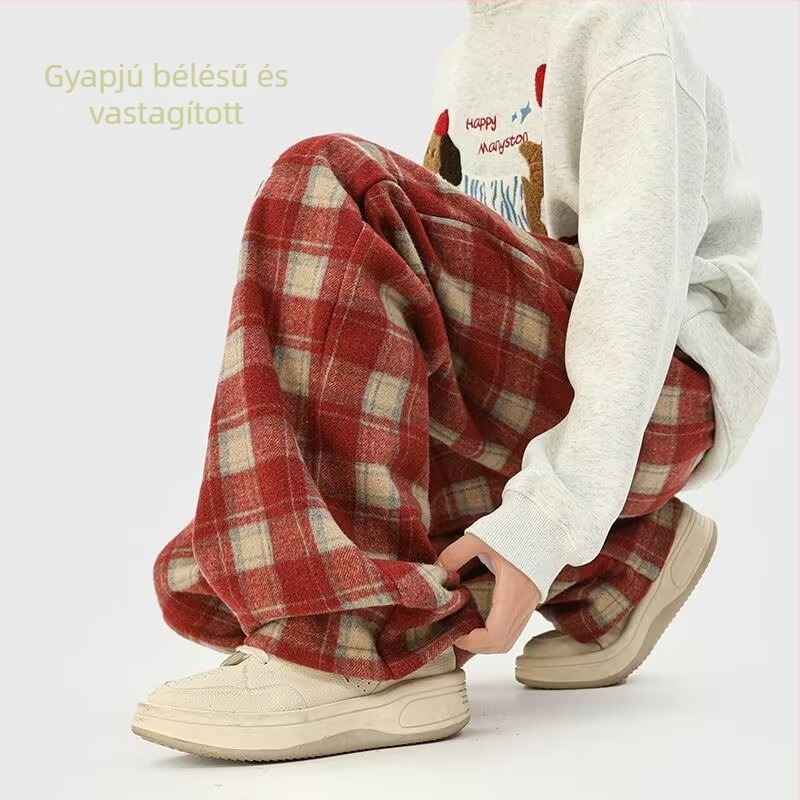 Férfi prémium vastag gyapjú kockás nadrág, széles szárú, téli fleece-betétes, egyenes szabású, mindennapi nadrág