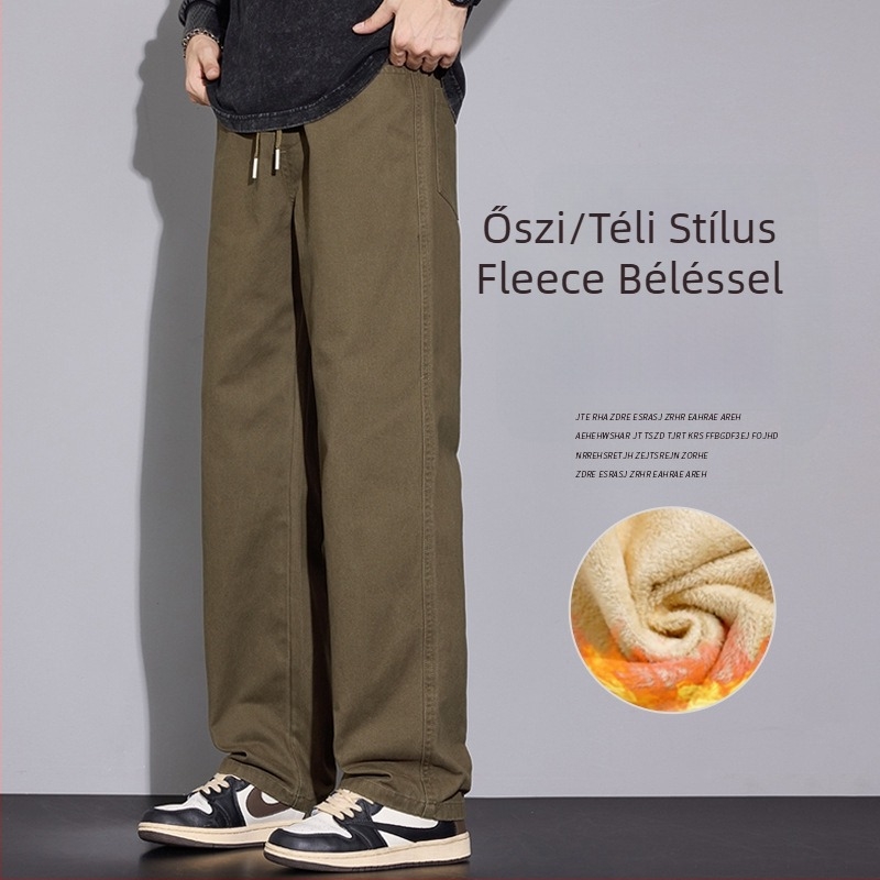 Fleece-belelt férfi casual nadrág, vastagított, téli 2025, széles lábszárú, egyenes szabás
