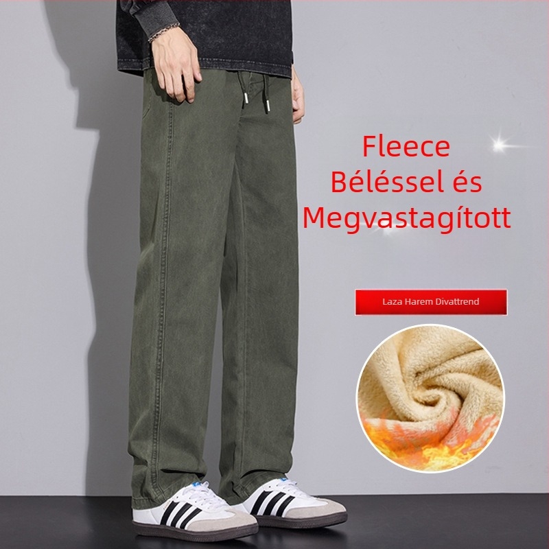 Fleece-belelt férfi casual nadrág, vastagított, téli 2025, széles lábszárú, egyenes szabás
