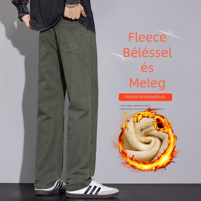 Fleece-belelt férfi casual nadrág, vastagított, téli 2025, széles lábszárú, egyenes szabás