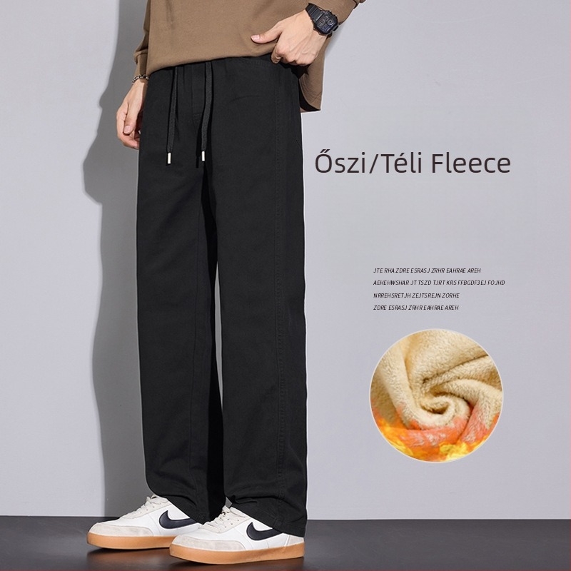 Fleece-belelt férfi casual nadrág, vastagított, téli 2025, széles lábszárú, egyenes szabás